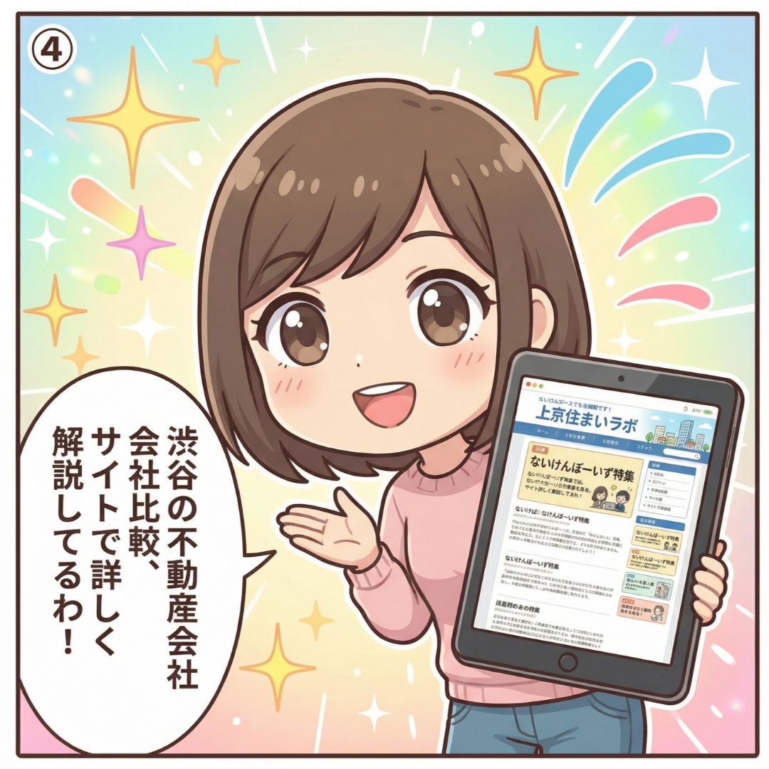 木村さやかがタブレットで渋谷の不動産会社比較記事を紹介する漫画イラスト