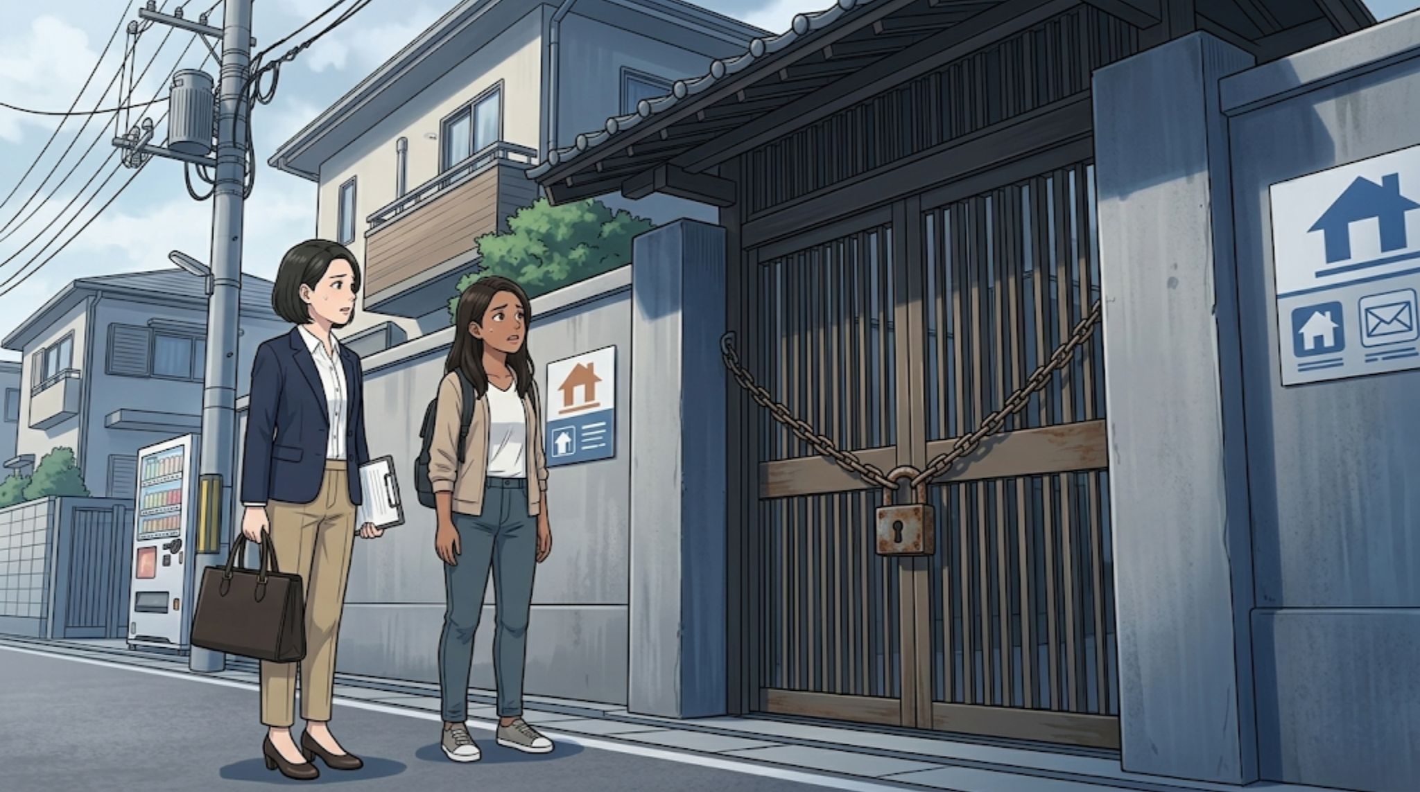 外国人の賃貸借契約における「見えない壁」を表現したイラスト。審査や言語の壁に悩む外国人と、解決策を提示し笑顔で鍵を渡す不動産スタッフの対比。