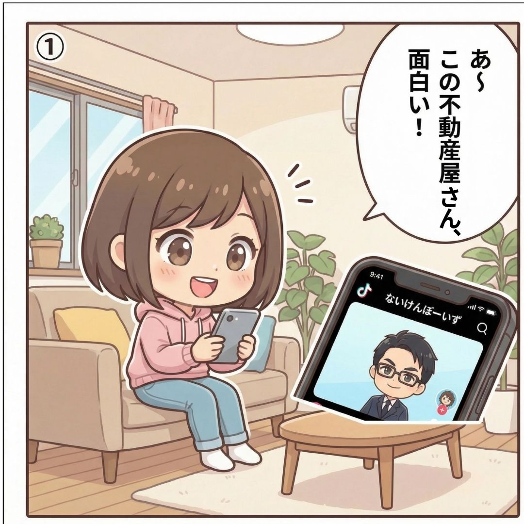 上京希望の若者がTikTokで渋谷の不動産会社の面白い物件紹介動画を発見して興味を持つ漫画イラスト