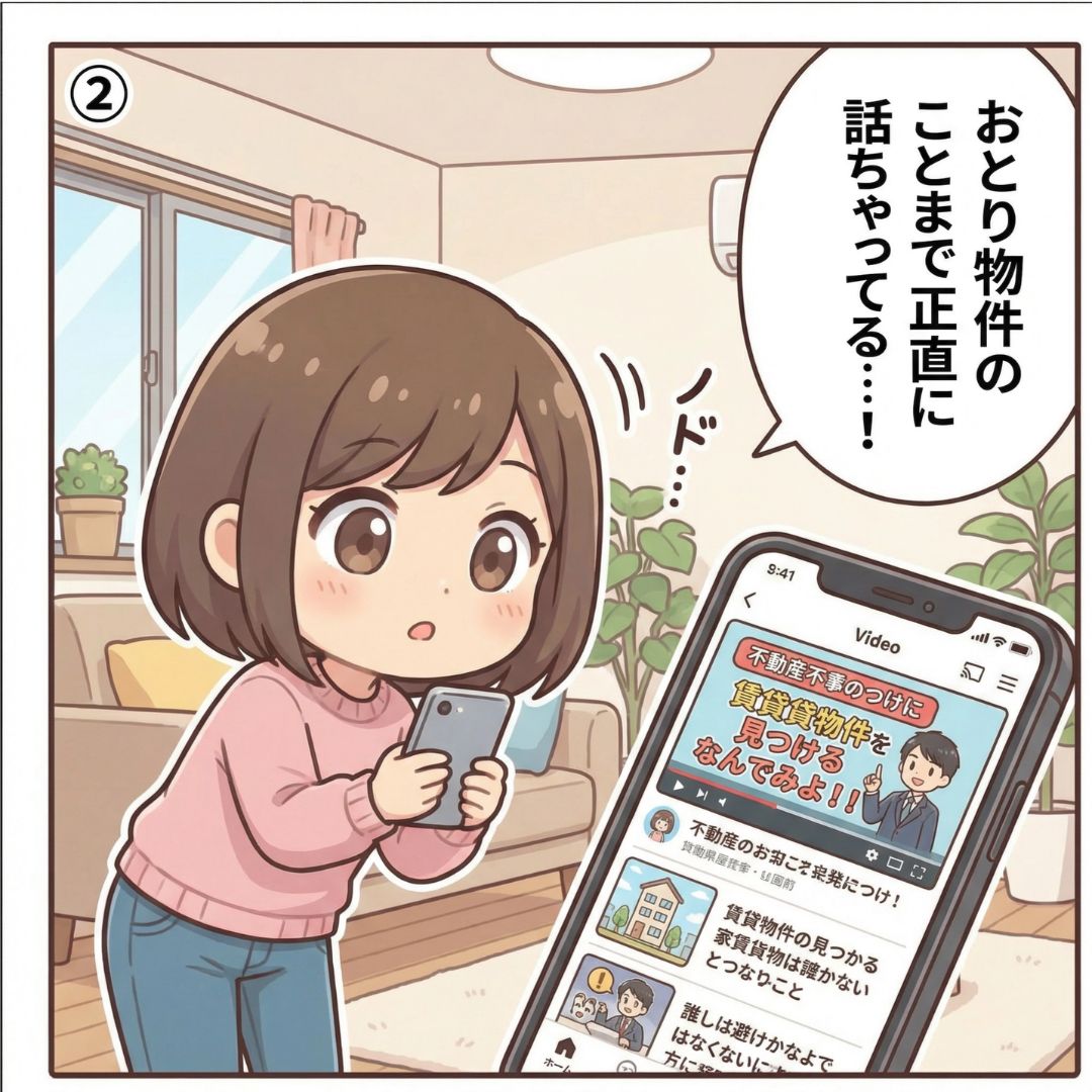 おとり物件や仲介手数料の裏側まで正直に解説する不動産会社の動画に感心する上京希望の若者の漫画イラスト