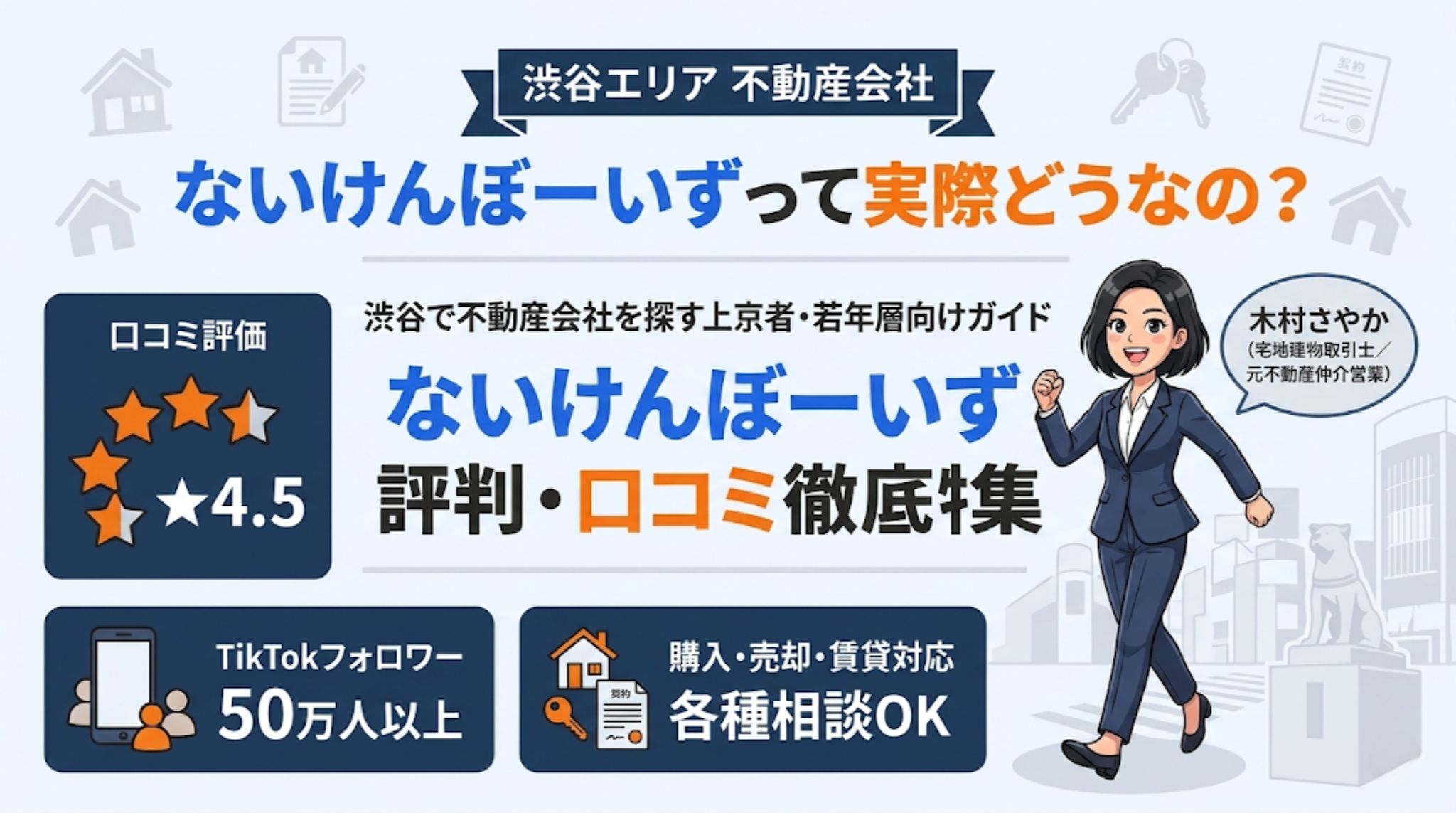 渋谷エリアの不動産会社「ないけんぼーいず」の評判・口コミ徹底特集。TikTokフォロワー50万人以上の実績や口コミ評価4.5を紹介する、上京者・若年層向けの不動産探しガイドアイキャッチ画像。
