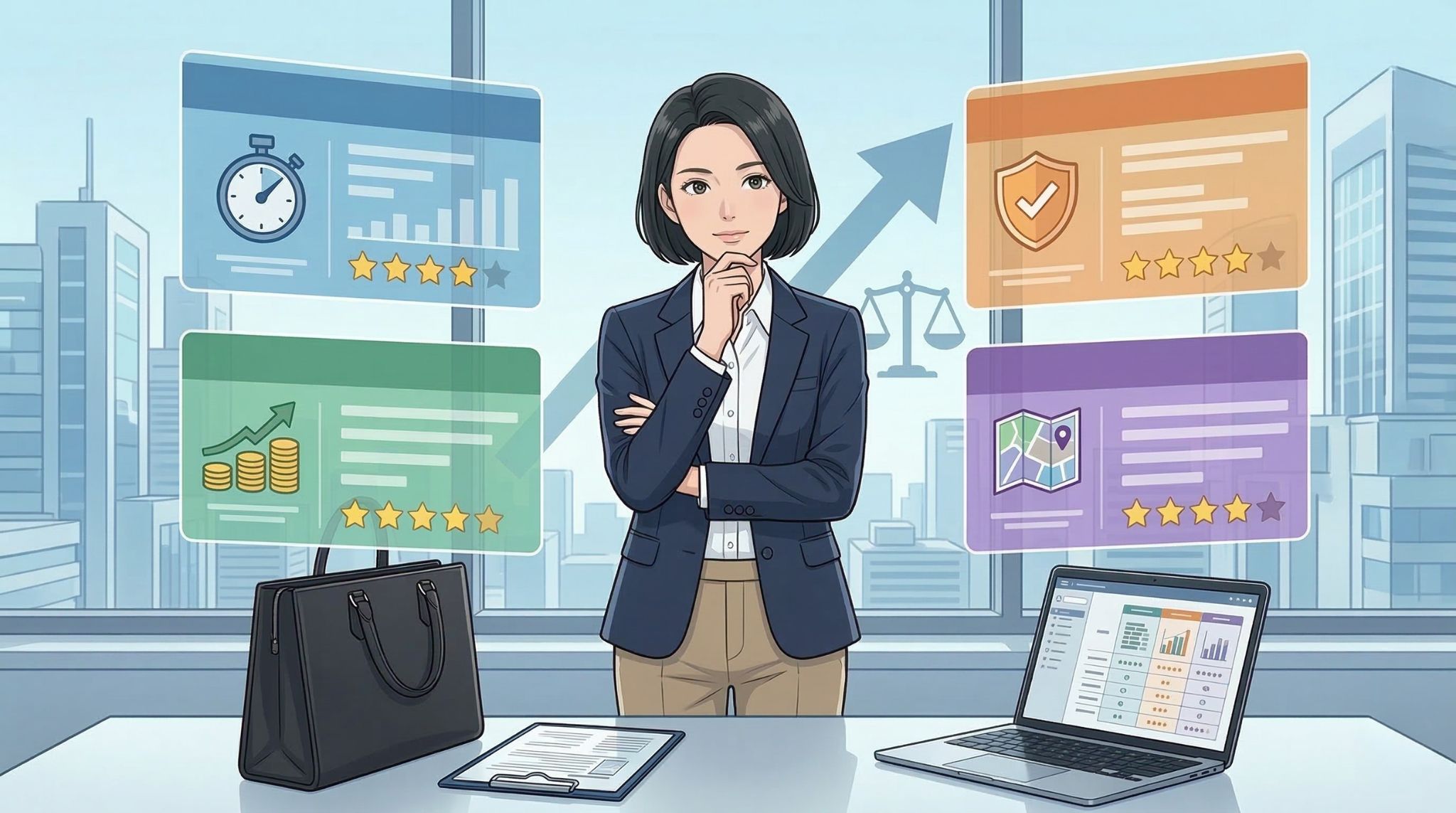 不動産会社の比較・選び方を解説する記事のアイキャッチ。スーツ姿の女性が腕を組み、パソコンを前にして、スピード、信頼性、費用、立地などの評価基準を比較検討しているイラスト。