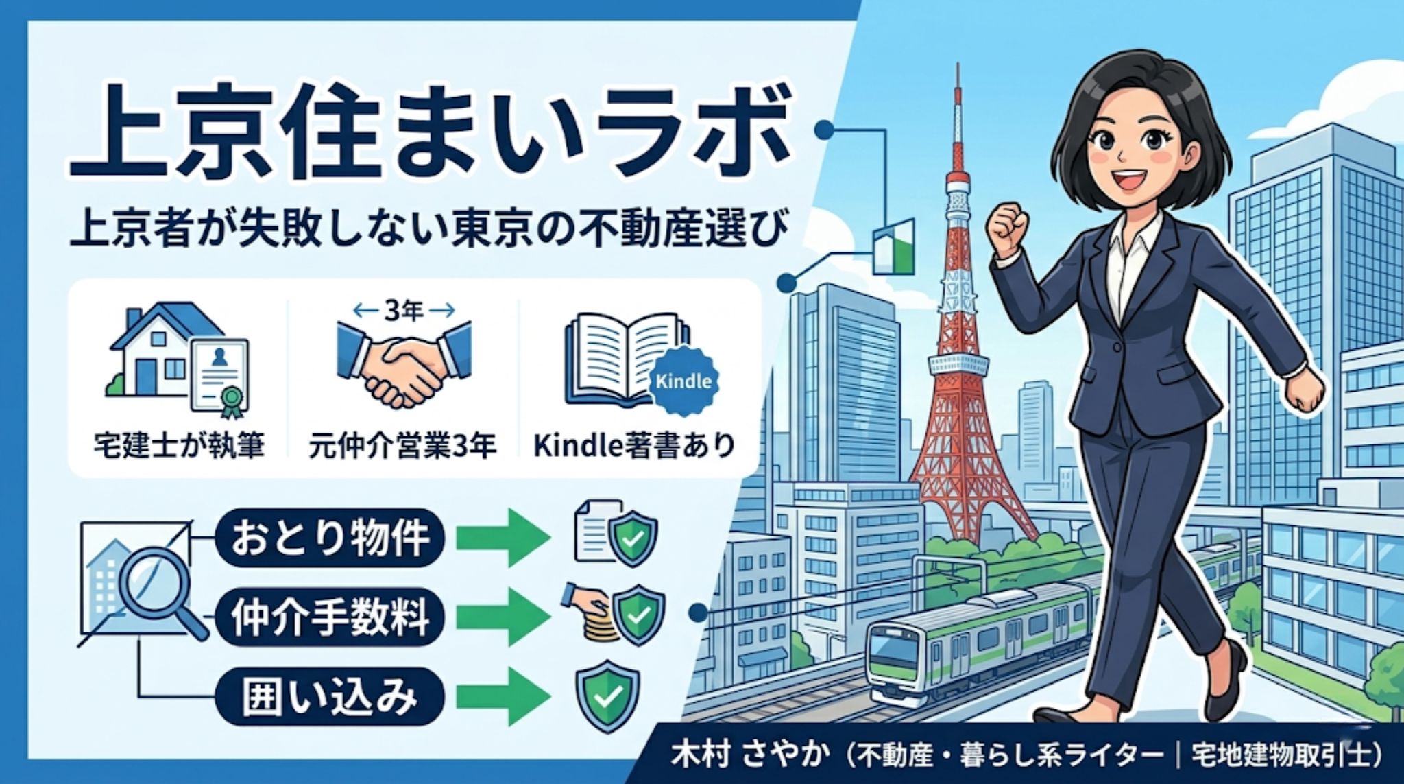 上京住まいラボ トップページOGP画像。宅建士・元仲介営業3年・Kindle著書の木村さやかが案内する、おとり物件や仲介手数料を誠実に解説する不動産情報メディア。