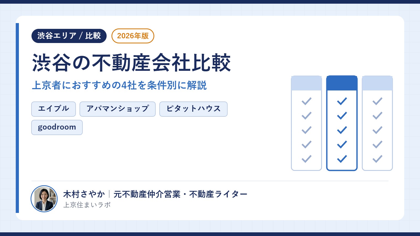 渋谷の不動産会社比較のアイキャッチ｜エイブル・アパマンショップ・ピタットハウス・goodroomの4社を上京者向けに条件別で解説